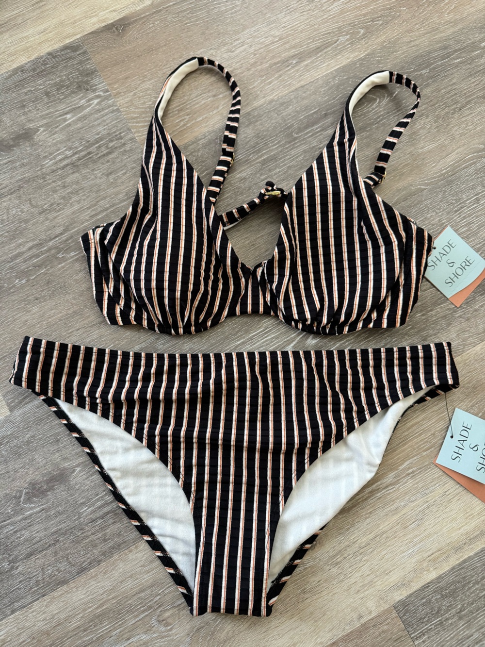Shade & Shore Black and Tan Striped Bikini Set